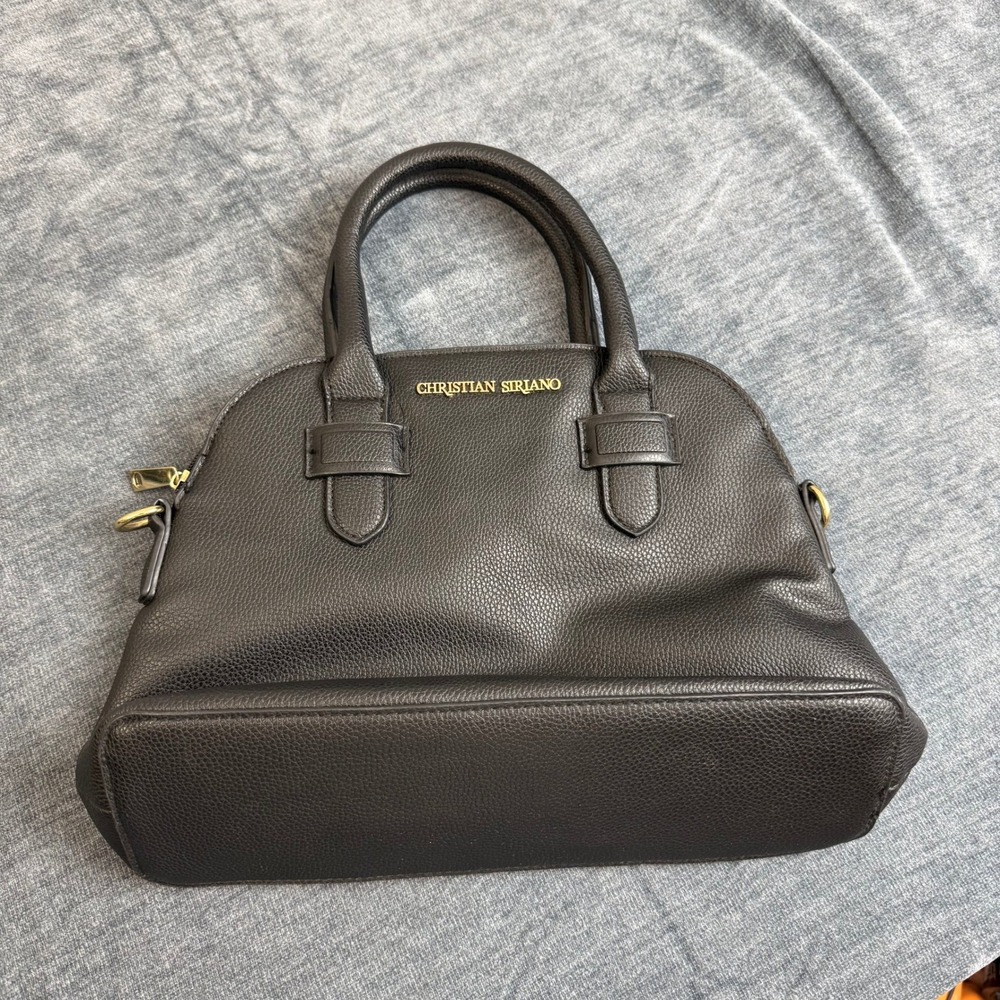 Christian Siriano Black Pebbled Leather Dome Satchel Handbag Gold Accents - Picture 7 of 10